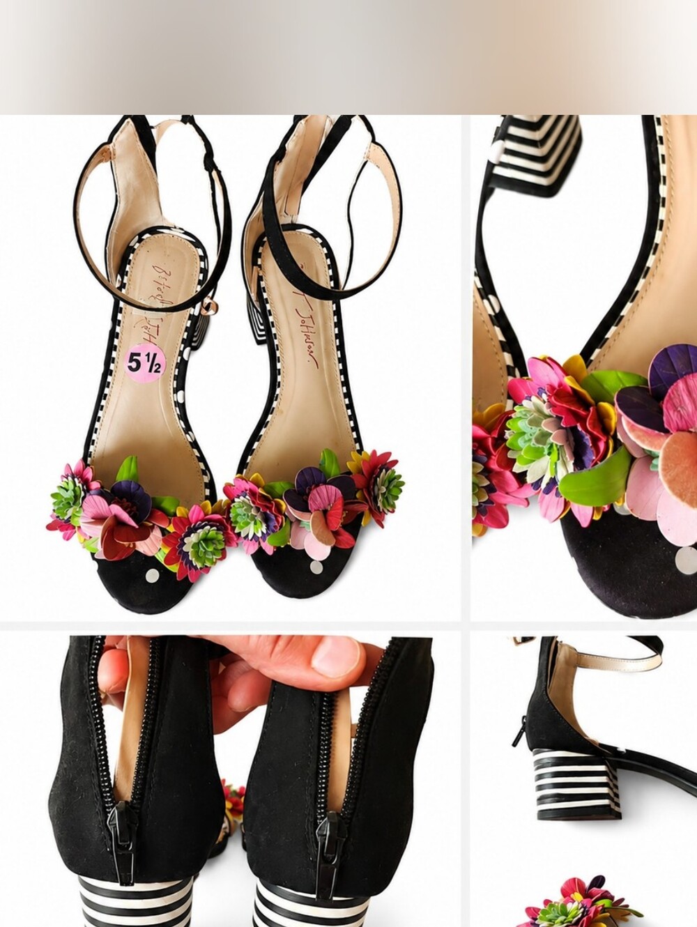 Betsey Johnson Black Ankle-Strap Heels with Multicolor Floral Embellishments